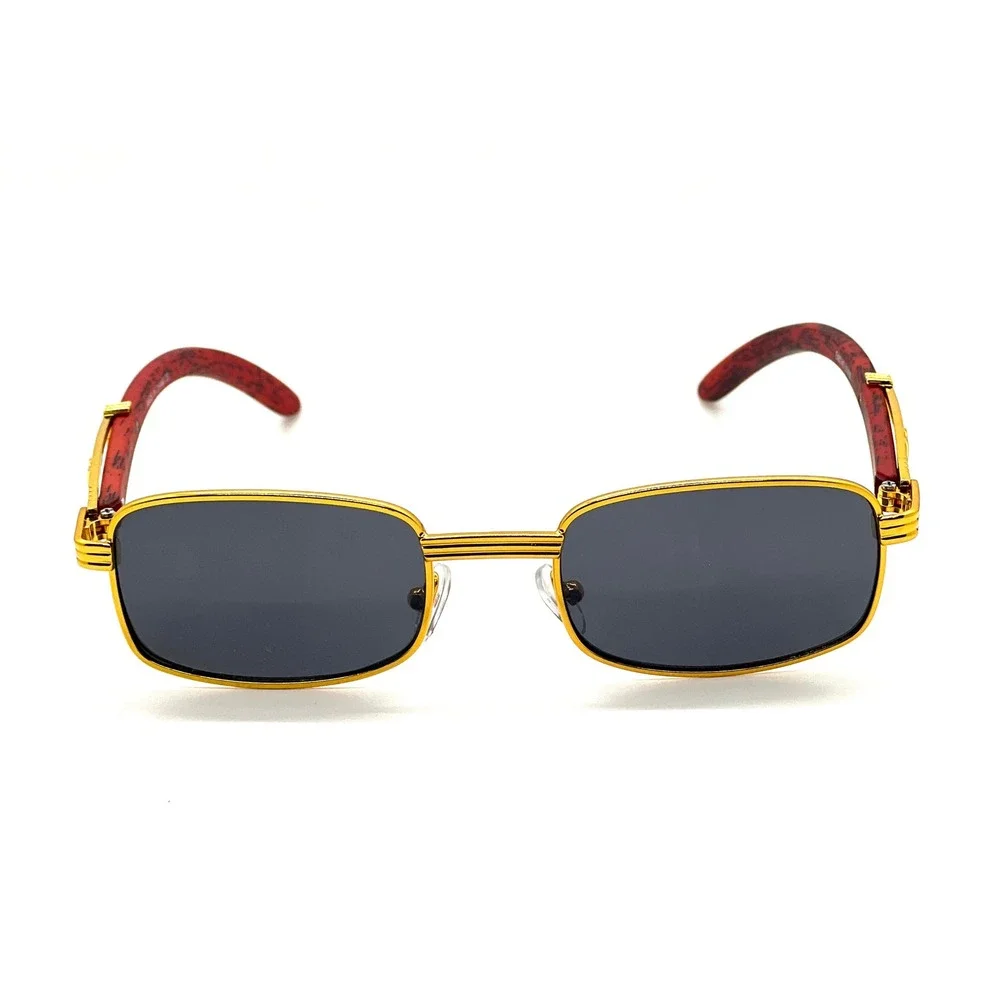Gold Tone Rectangle Sunglasses Wood Arms Vintage Retro Mens Fashion Eyewear Buff